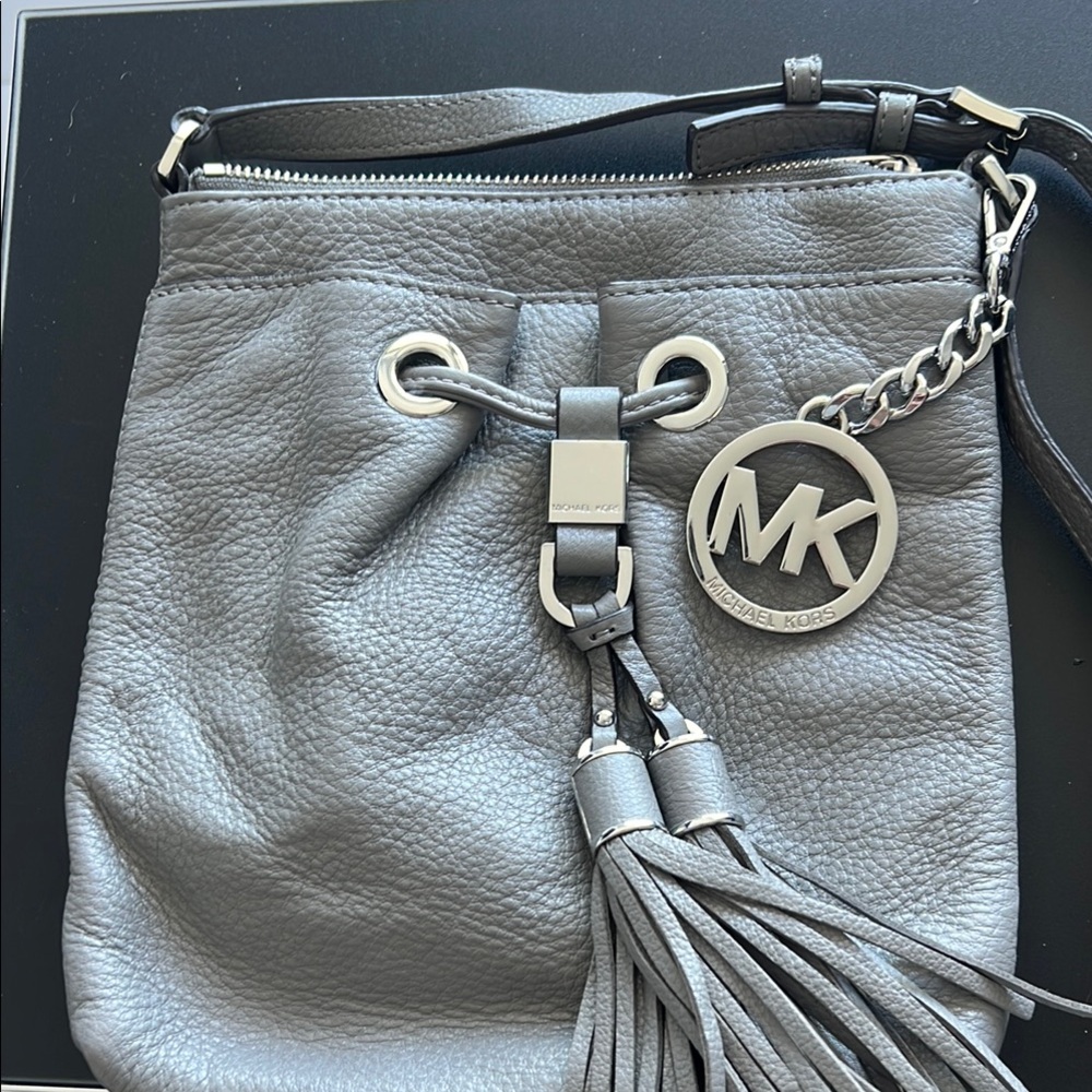 Michael Kors Gray Crossbody Bag with Pebbled Leather and Chain Detail